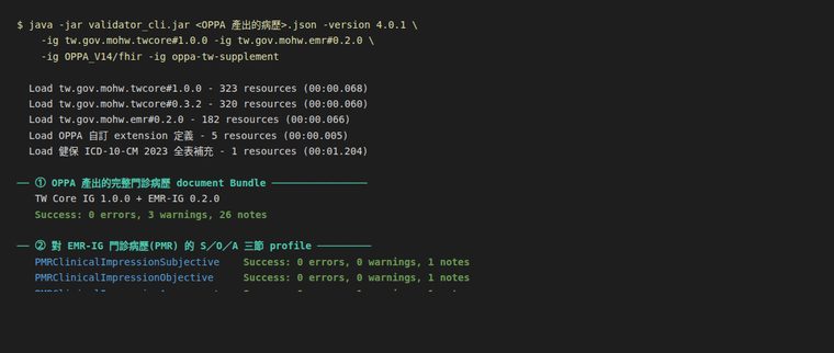 HL7 官方 validator 執行總結：完整 document Bundle 與 EMR-IG PMR 三節 profile 皆 0 error